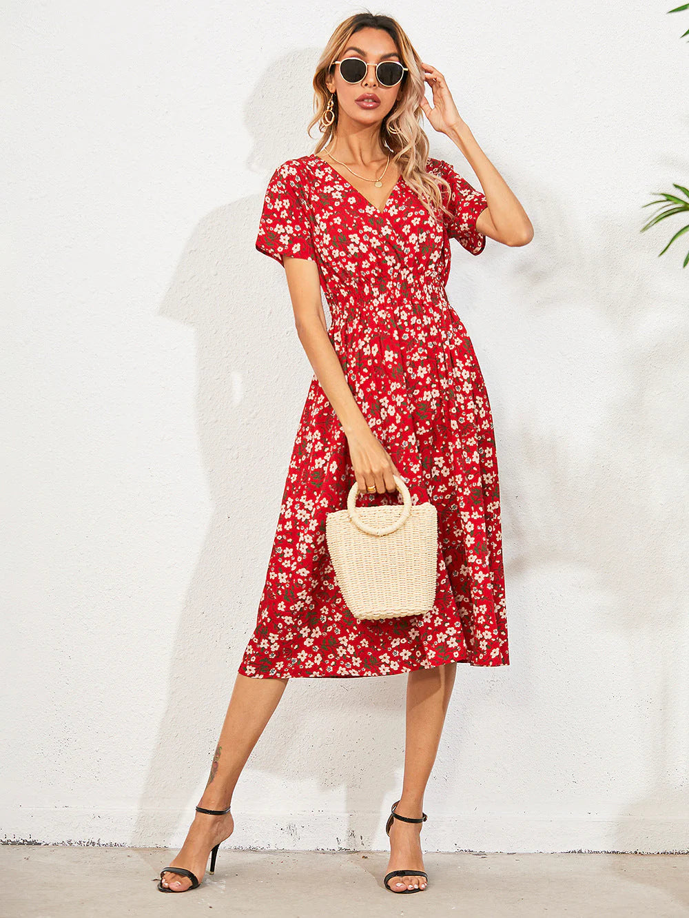 Casual V-hals bloemige zomerjurk voor vrouwen