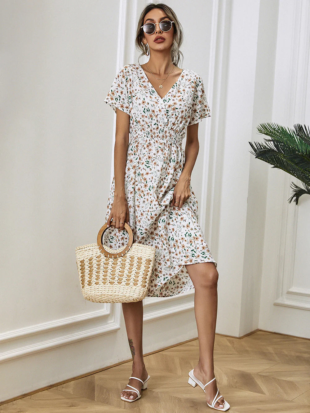 Casual V-hals bloemige zomerjurk voor vrouwen