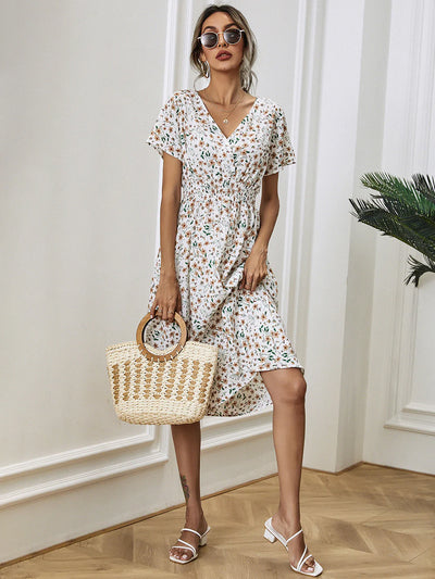 Casual V-hals bloemige zomerjurk voor vrouwen