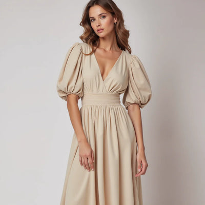 Dames Vintage midi-jurk met pofmouwen