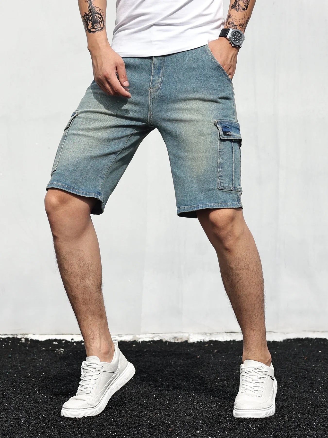 Heren vintage stijl denim cargoshort