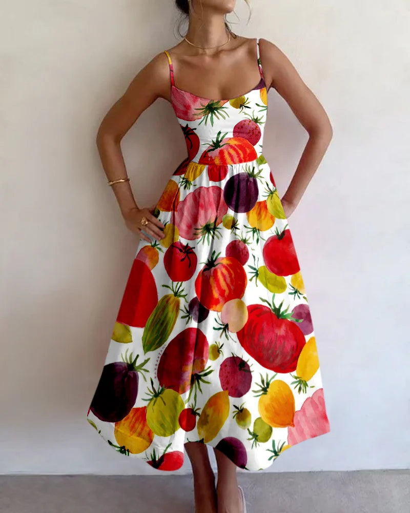 Klassieke strandzomerjurk met tropische fruitprint voor dames