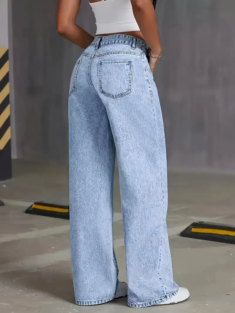 Moderne damesjeans met hoge taille en wijde pijpen