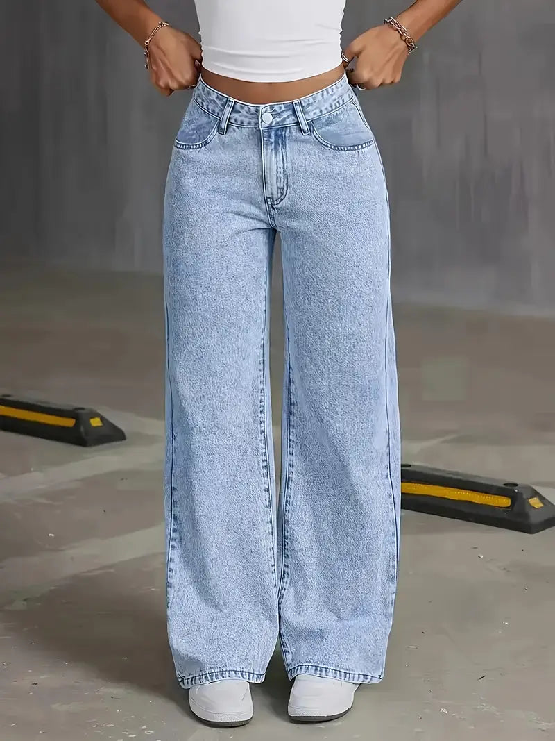 Moderne damesjeans met hoge taille en wijde pijpen
