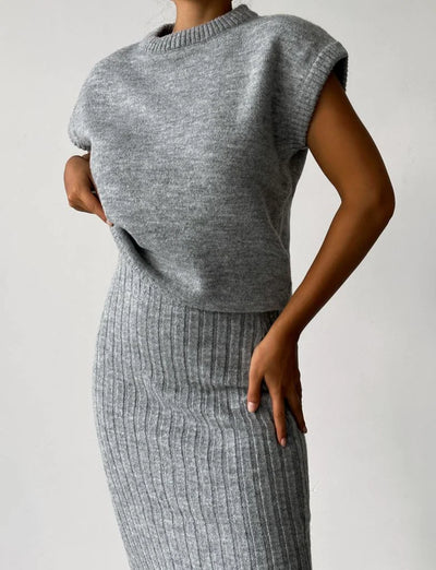 Vrouwen Klassieke Mouwloze Tops en Gebreide Rok Lente Set