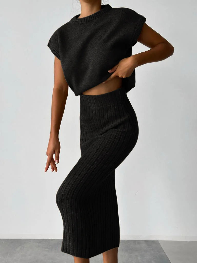 Vrouwen Klassieke Mouwloze Tops en Gebreide Rok Lente Set