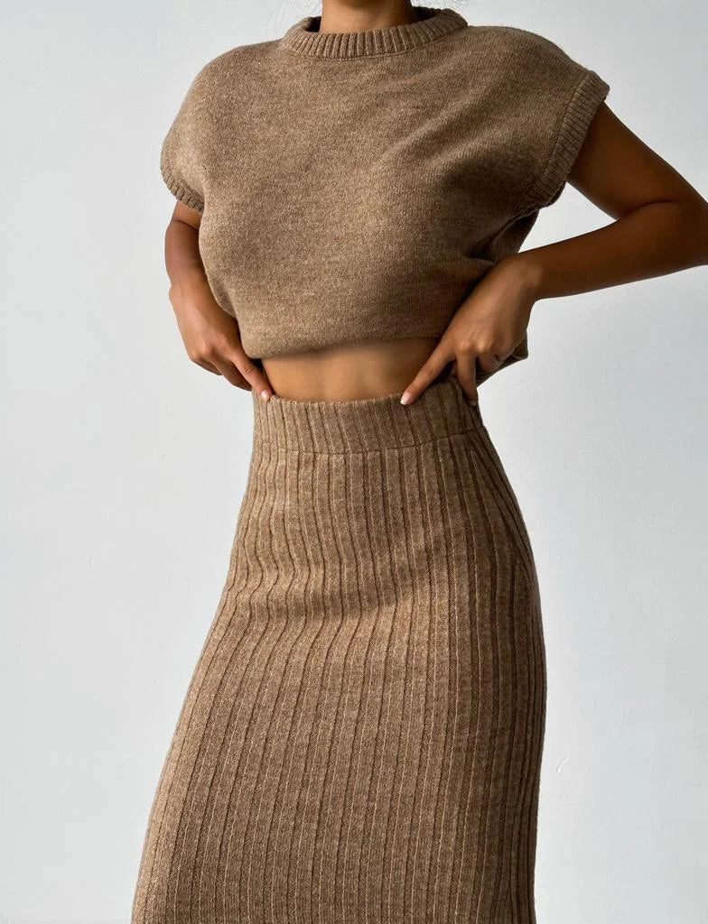 Vrouwen Klassieke Mouwloze Tops en Gebreide Rok Lente Set