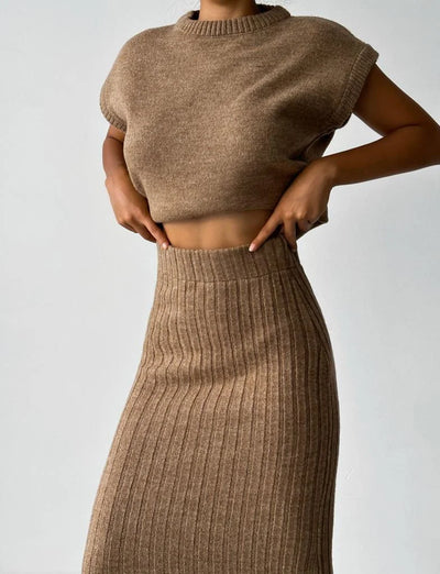 Vrouwen Klassieke Mouwloze Tops en Gebreide Rok Lente Set